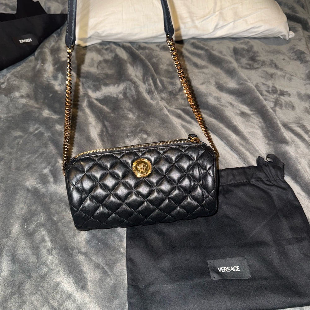 Versace Black Quilted Crossbody Bag with Gold Chain